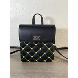 Luv BETSEY JOHNSON Purse Quilted Mini Backpack Bag Black / Neon green hearts